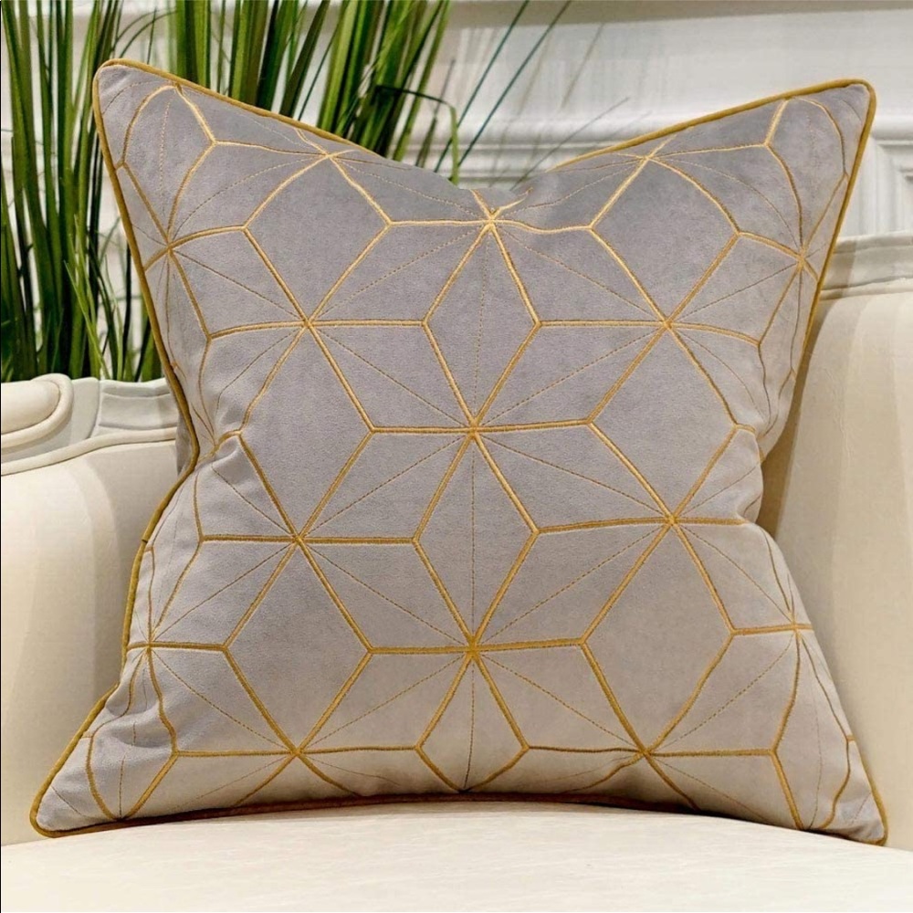 2 Pillow Covers Gray and Gold Velvet with Gold embroidery EUC